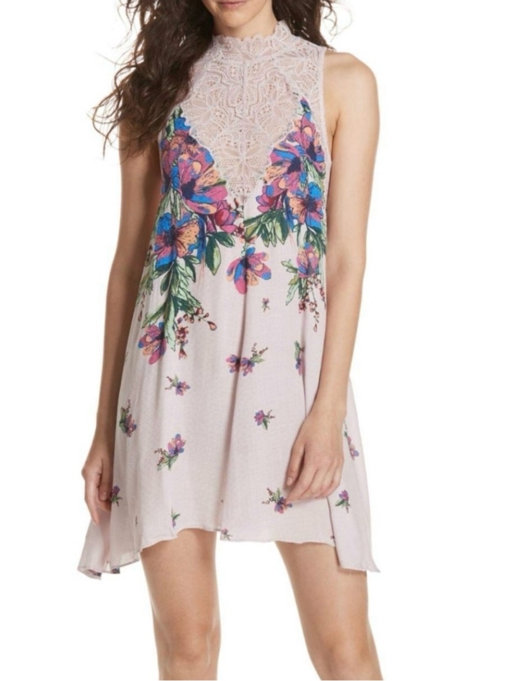 Free People Intimately Marsha Floral Lace Inset Mini Dress NWT Size S Ecru Boho